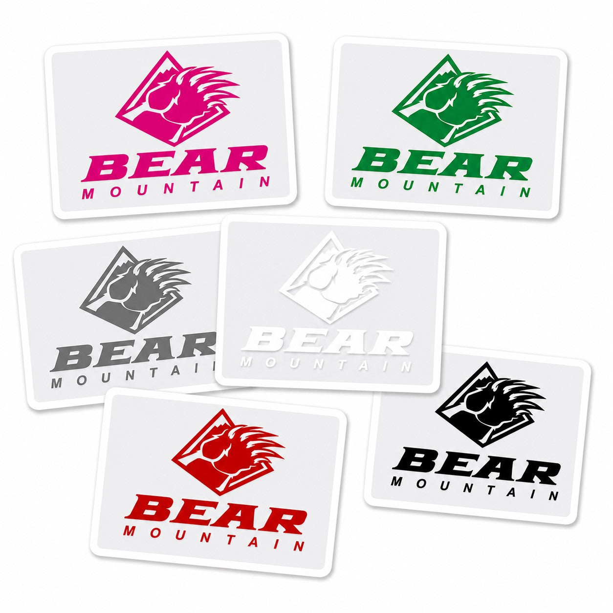 Bear Mountain Logo Sticker in colors: red, white, green, silver, black, pink