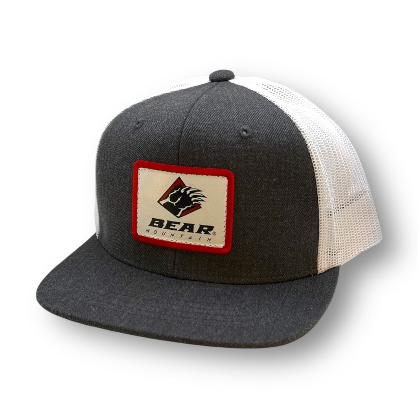 Charcoal hat with White Mesh and bear mountain logo on front