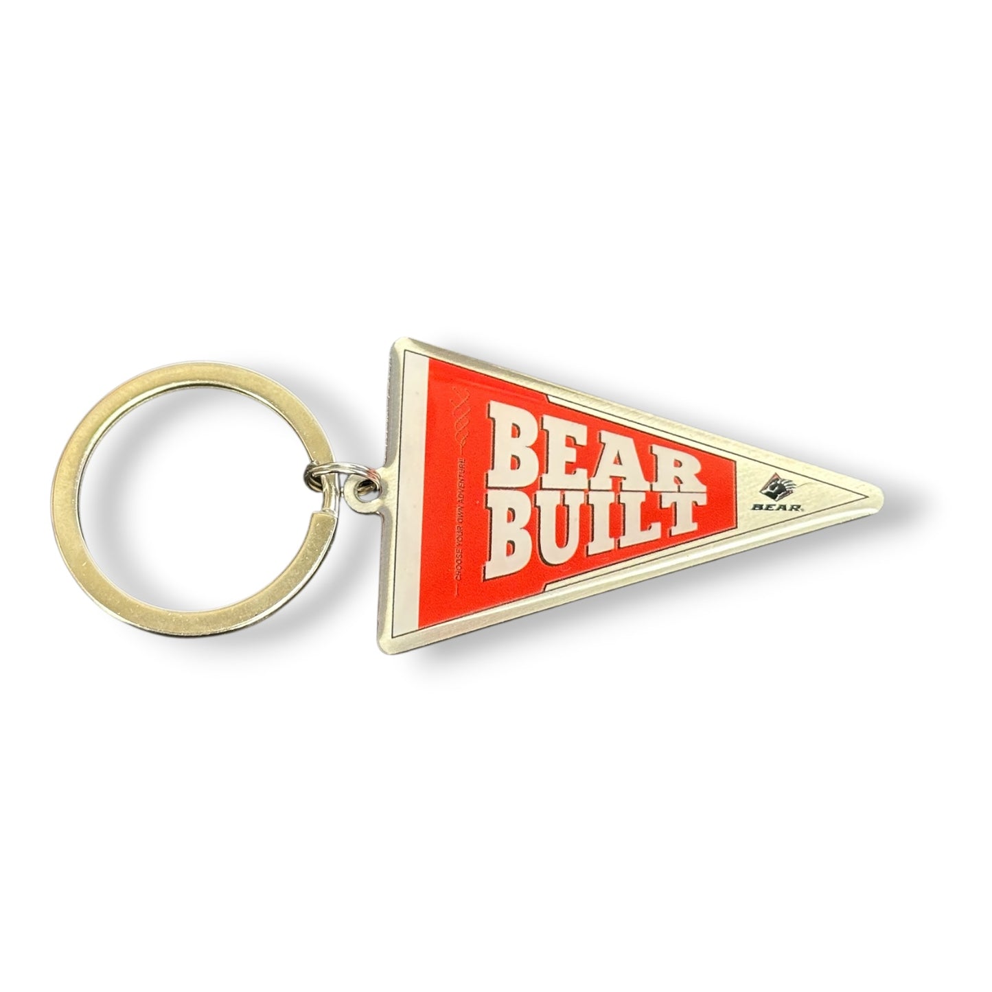 A triangular red and white 'BEAR BUILT' pennant keychain with a gold-tone metal split ring, shown on a plain white background.