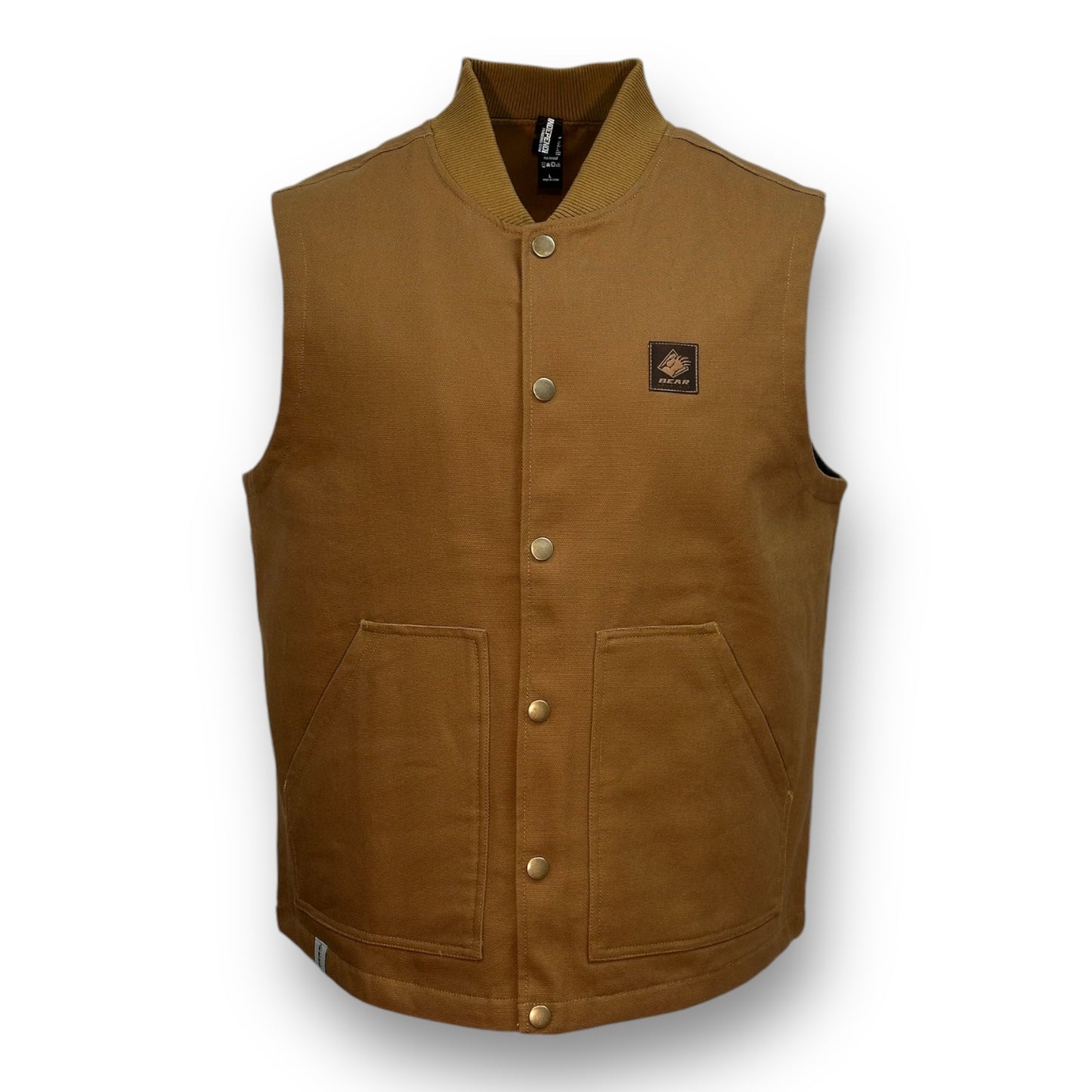 Brown button up vest with two large pockets on each side and a brown bear mountain patch on upper left side