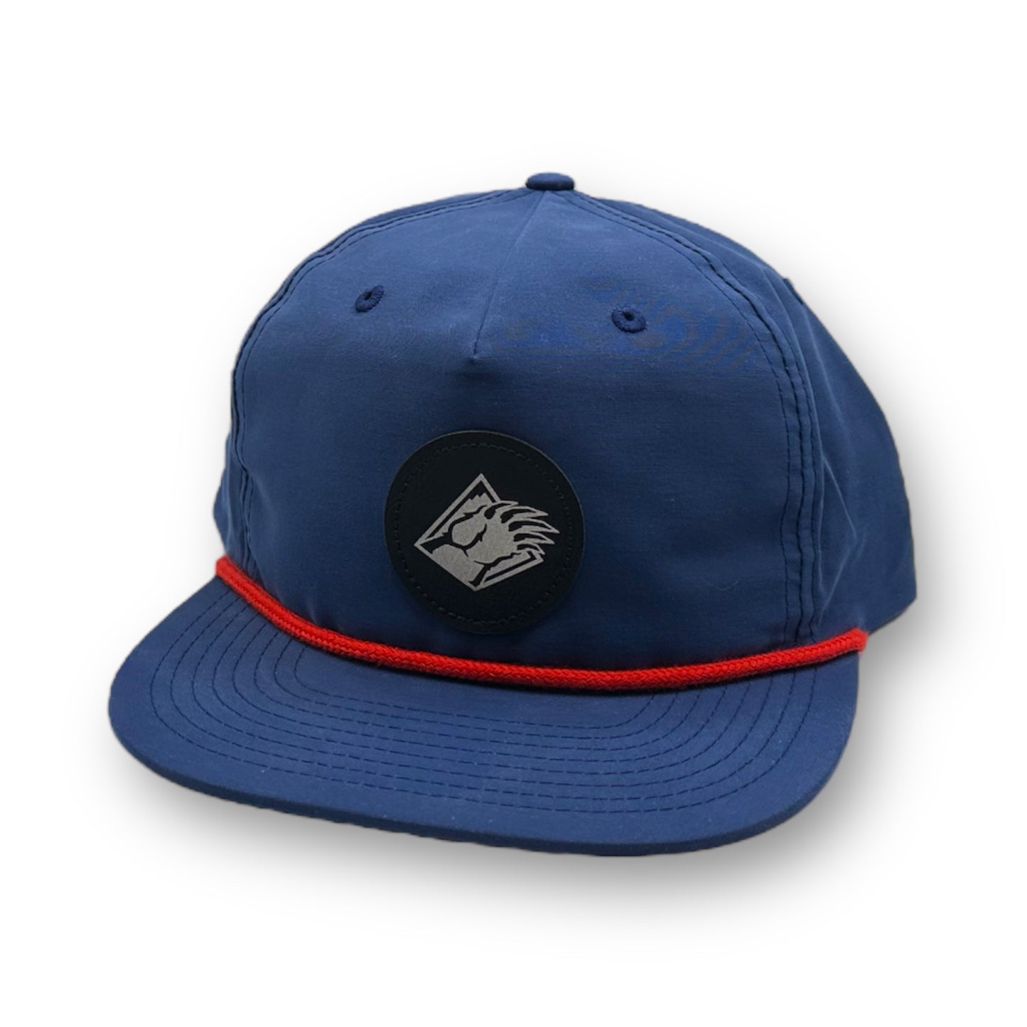 Blue hat with Bear claw logo and red rope on mid crown.
