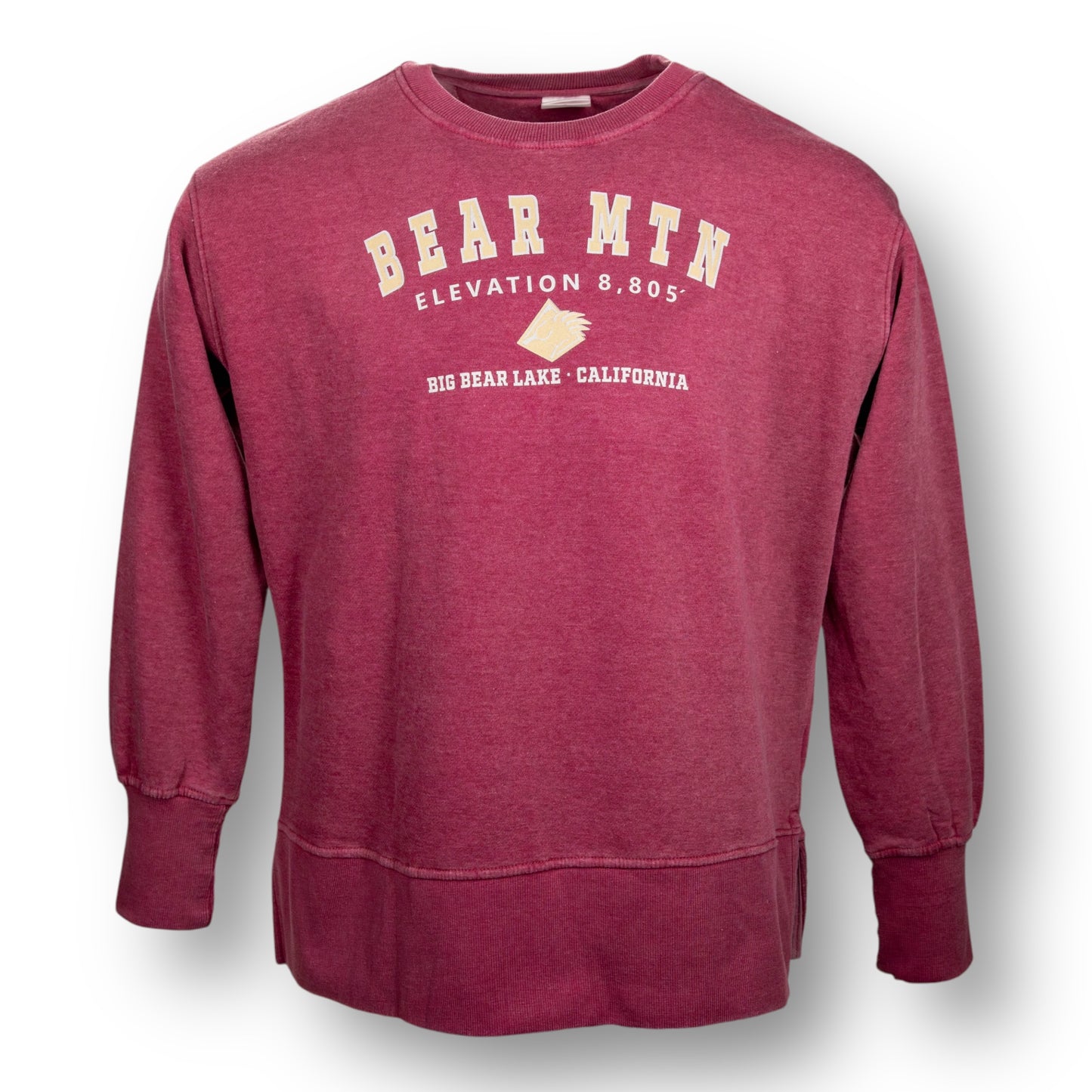 A red color crewneck sweatshirt with Bear Mountain logo, the elevation, and Big Bear Lake, California on the chest.