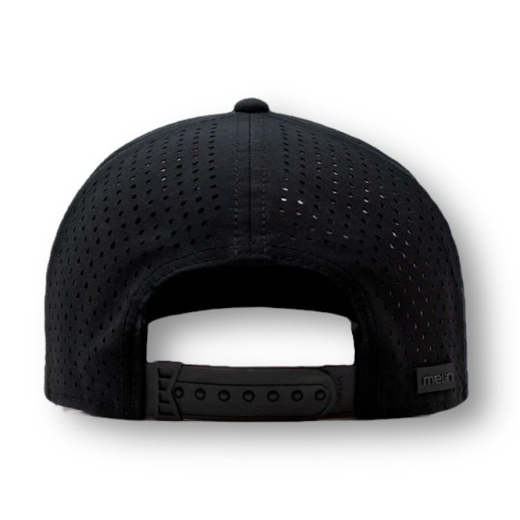 Backside of black Melin snapback hat with perforated material.