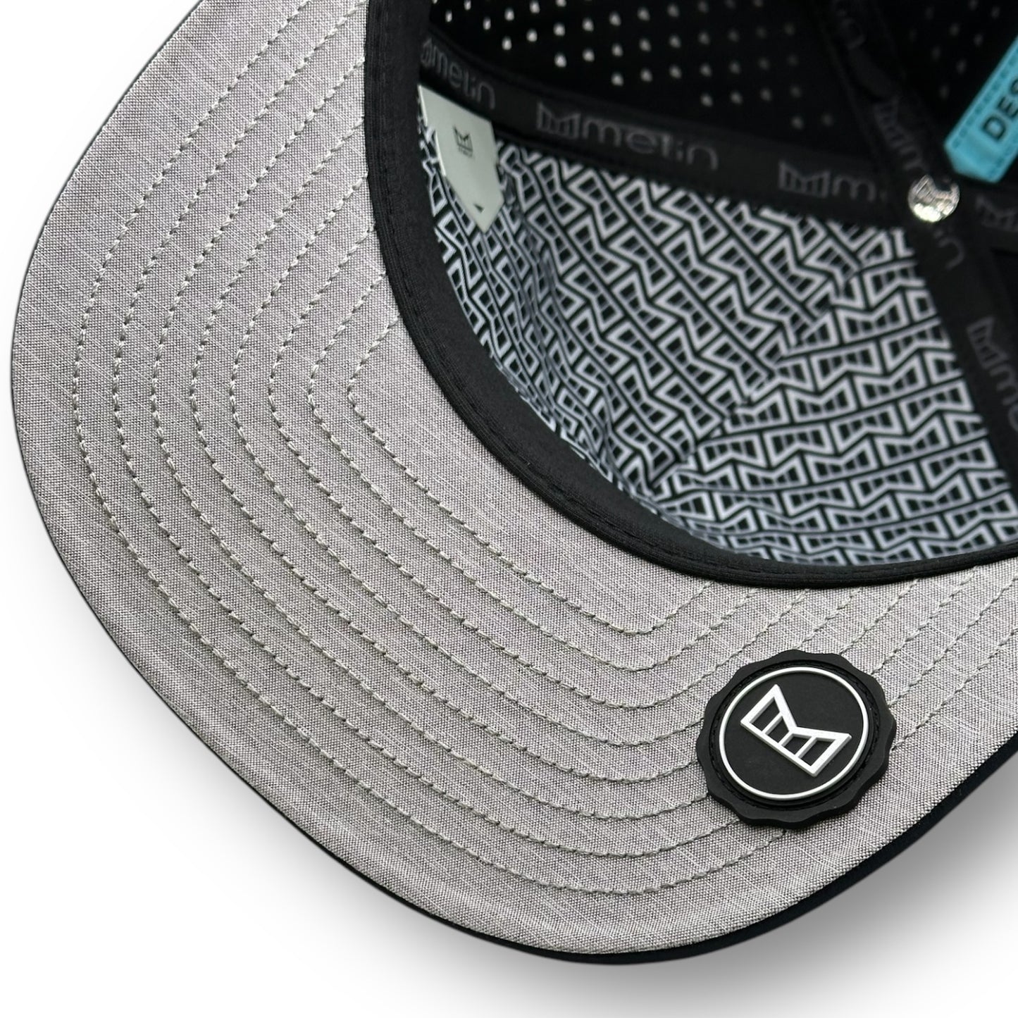The underside of a Melin brand hat with the thumbprint undervisor seal.