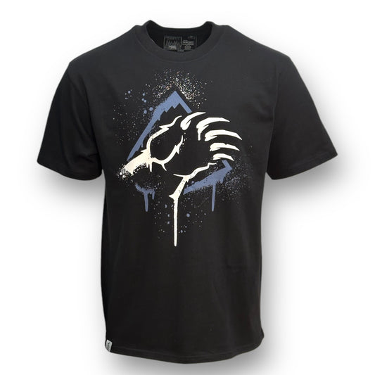 Black t-shirt with bear claw logo in white and blue with overspray paint design