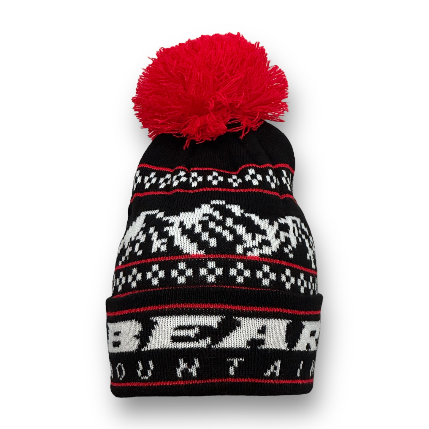 Black Beanie with white bear mountain stitching for the logo and red accent stitching with red pom pom at top