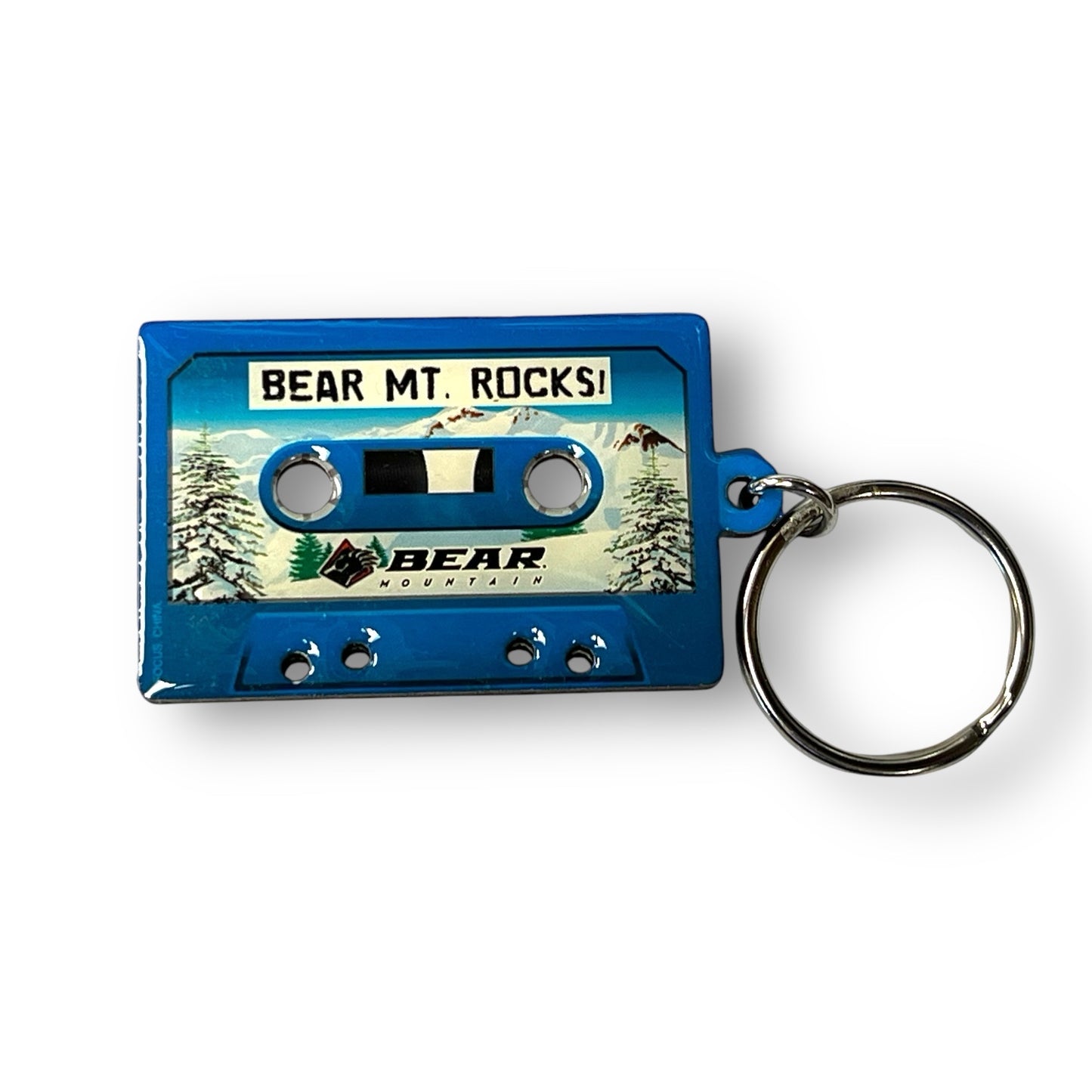 Blue Cassette tape with Bear Logo and Bear Mountain Rocks, snowy background