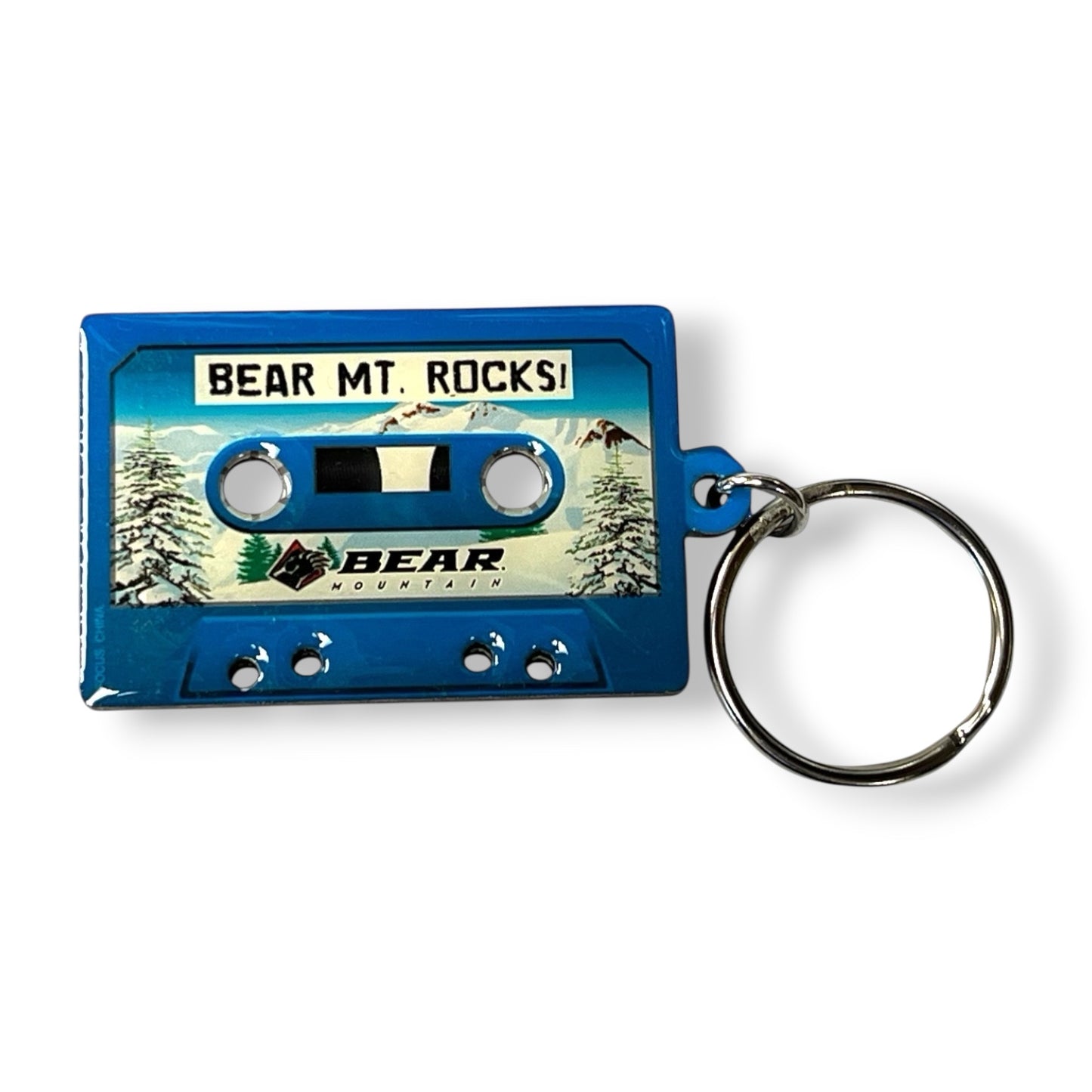 Blue Cassette tape with Bear Logo and Bear Mountain Rocks, snowy background