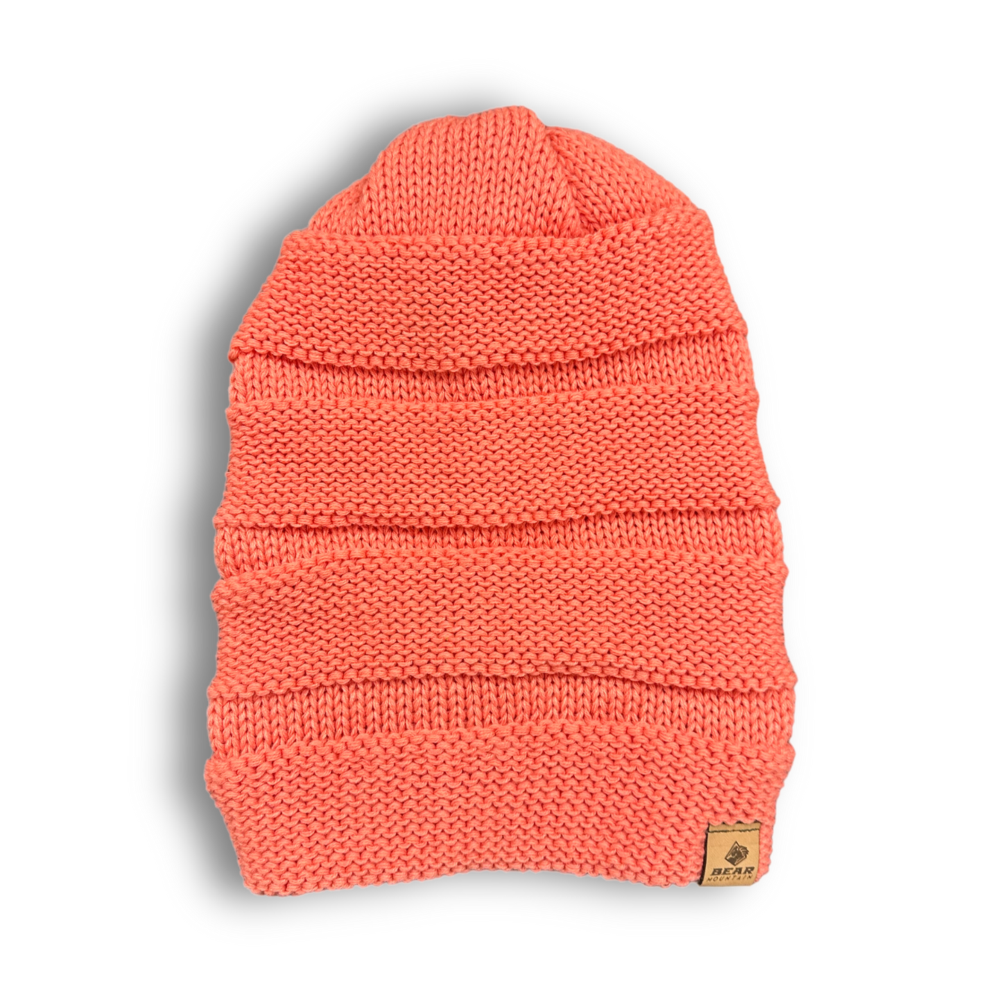Bear mountain slouch beanie in coral color with logo on bottom left corner