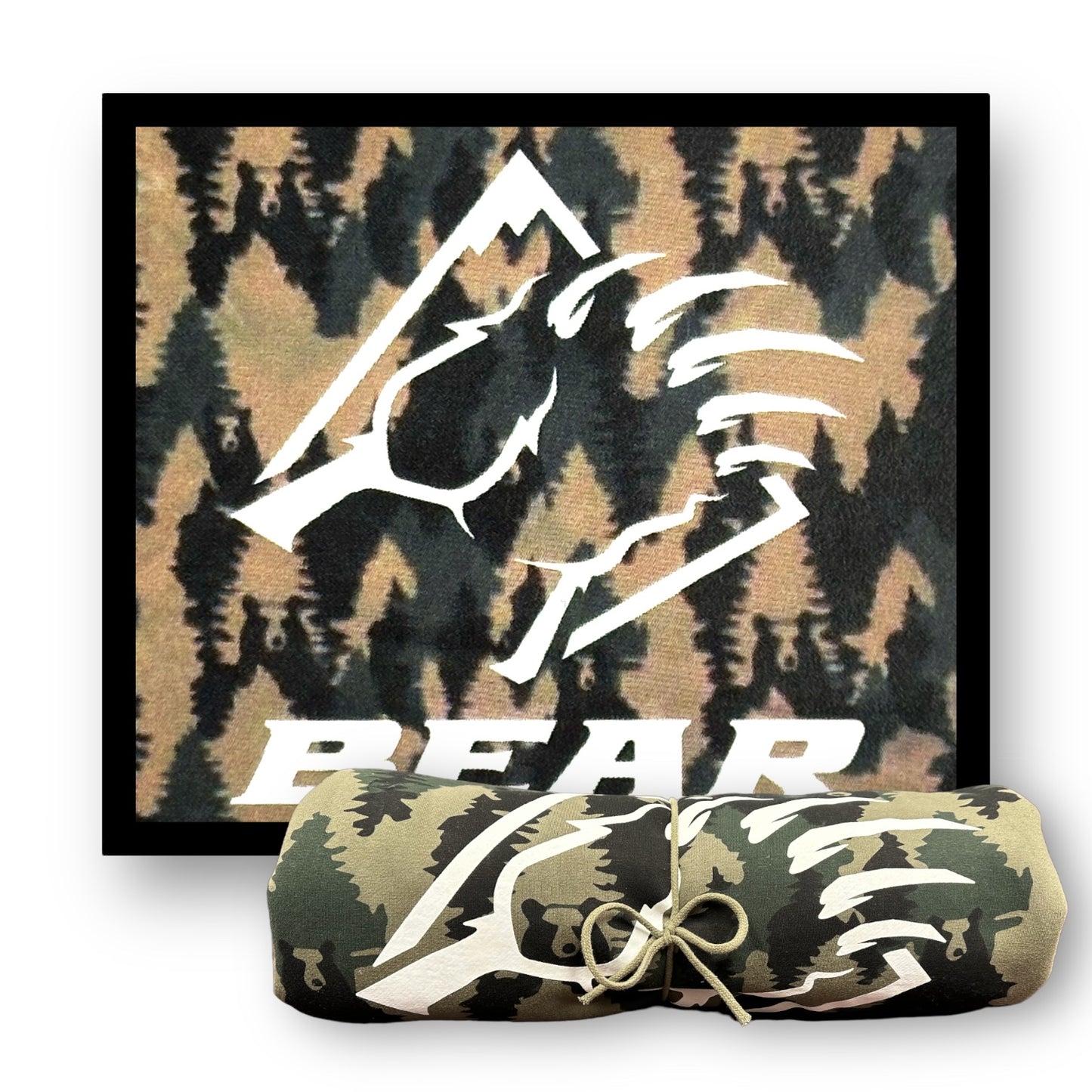 Camo with bears Bear Mountain logo bear claw blanket