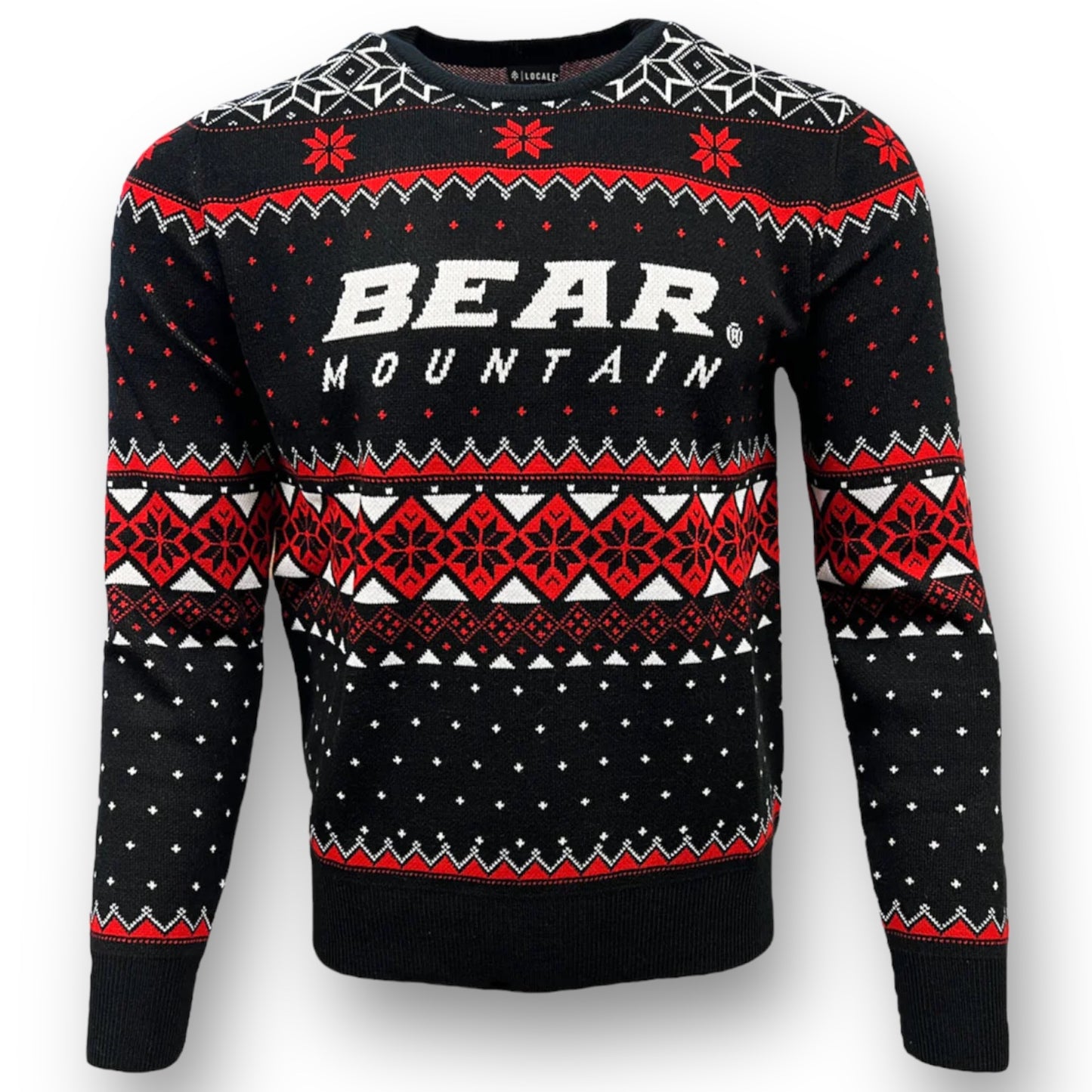 Bear Mountain black red white ugly sweater with snowflake design