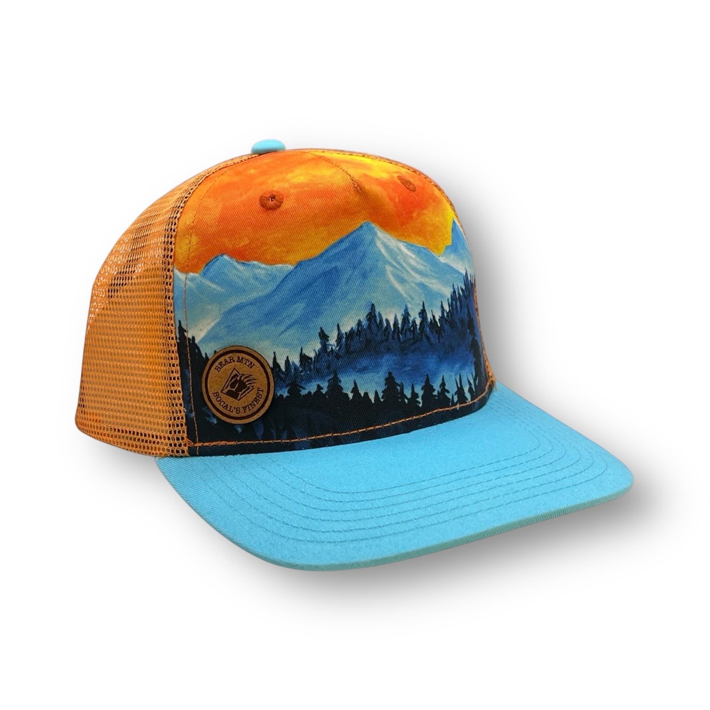 Mountain and Tree photo with light blue bill and a leather Bear Mountain Patch