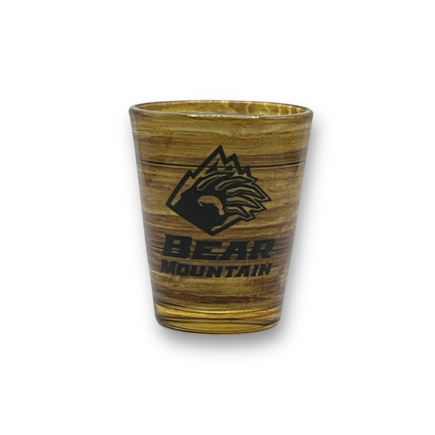 Glass Shot Glass with Faux Wood Embossed printed Bear Mountain decal logo