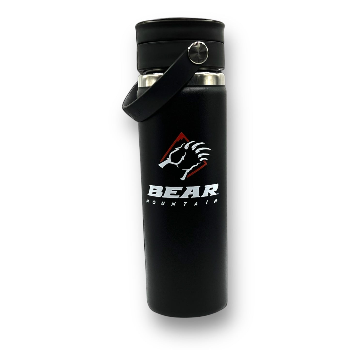 Bear Mountain branded hydro flask in black with bear claw logo