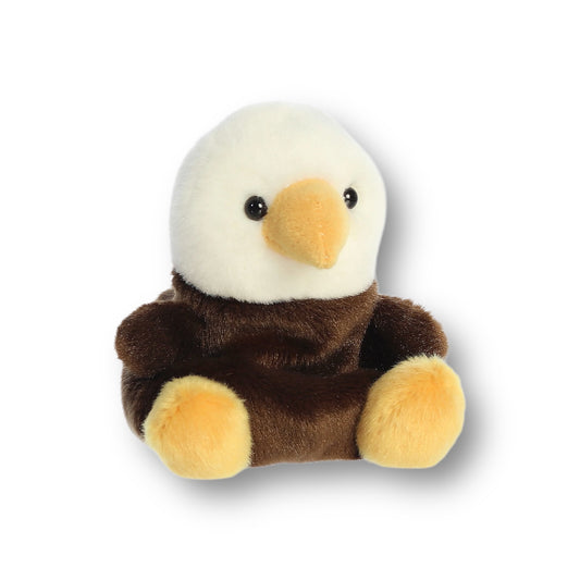 Bald little eaglet stuffed plush animal with white head, brown body, yellow beak and feet.