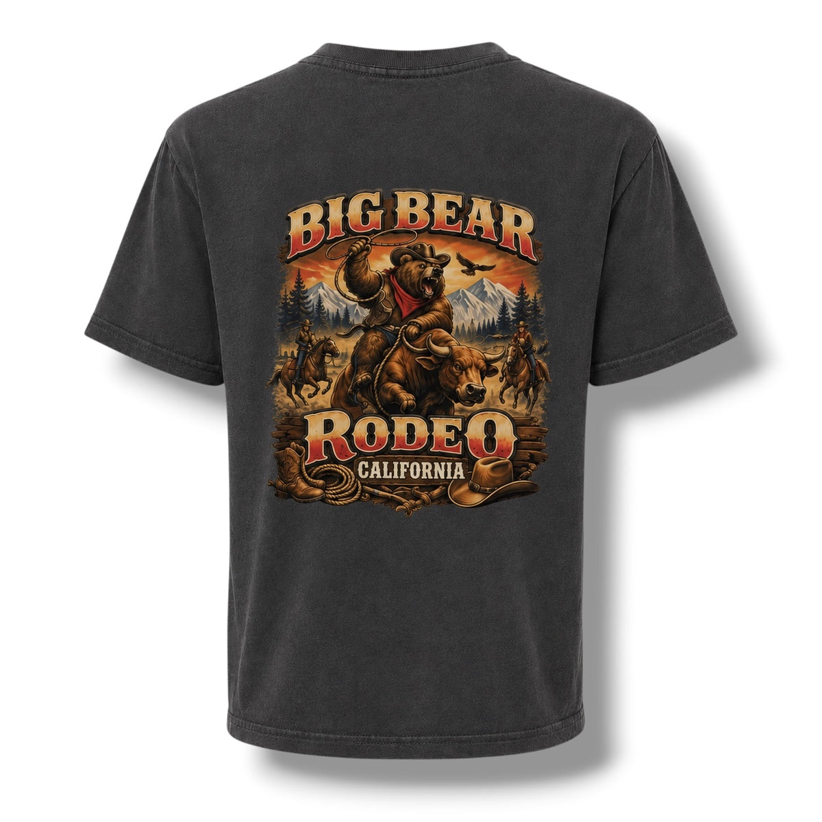 A charcoal color short-sleeve t-shirt shown from the back, featuring a large graphic print of a bear rider with the text 'BIG BEAR RODEO 2026' on a white background.