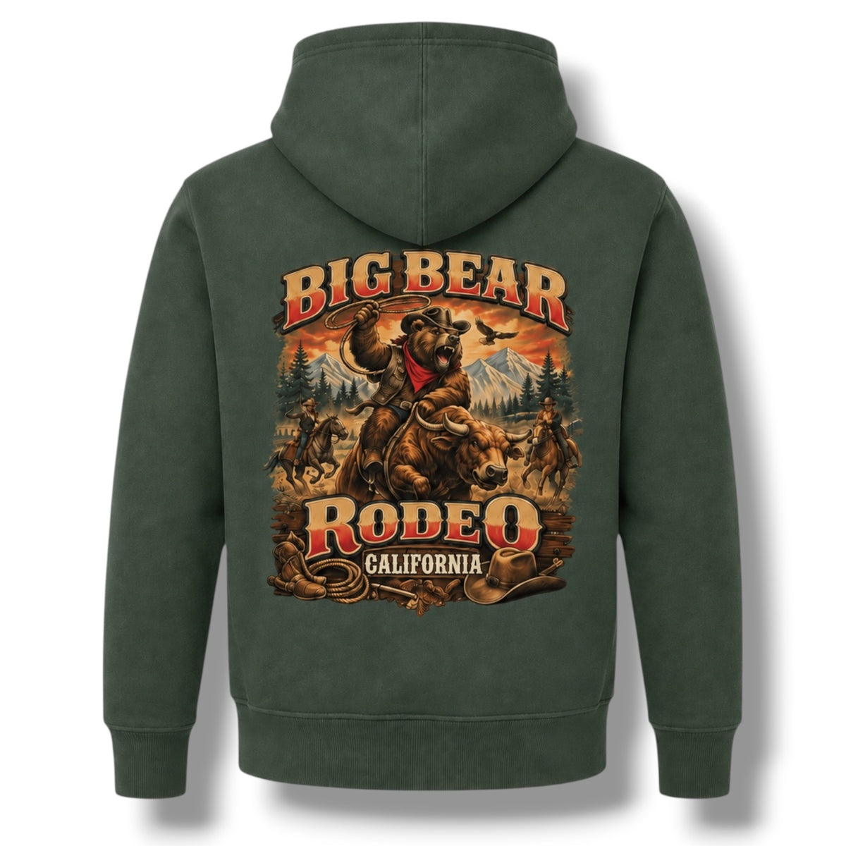 A dark green pullover hoodie shown from the back, featuring a large graphic print of a cowboy riding a bucking bear with the text 'BIG BEAR RODEO 2026' in red and gold lettering.