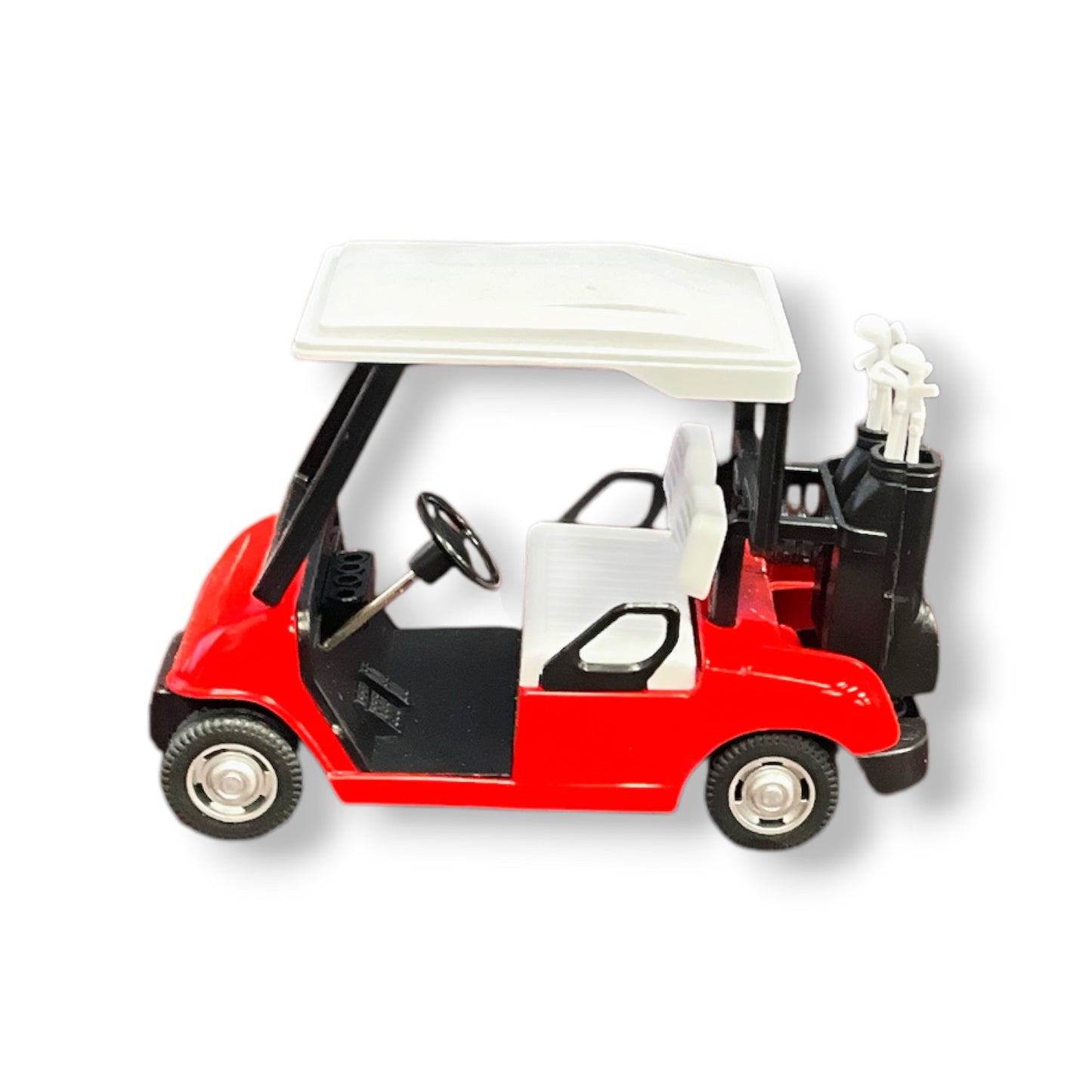 A pull back rolling golf cart toy with a red body, white top, and black replica golf bags on the back on the cart.
