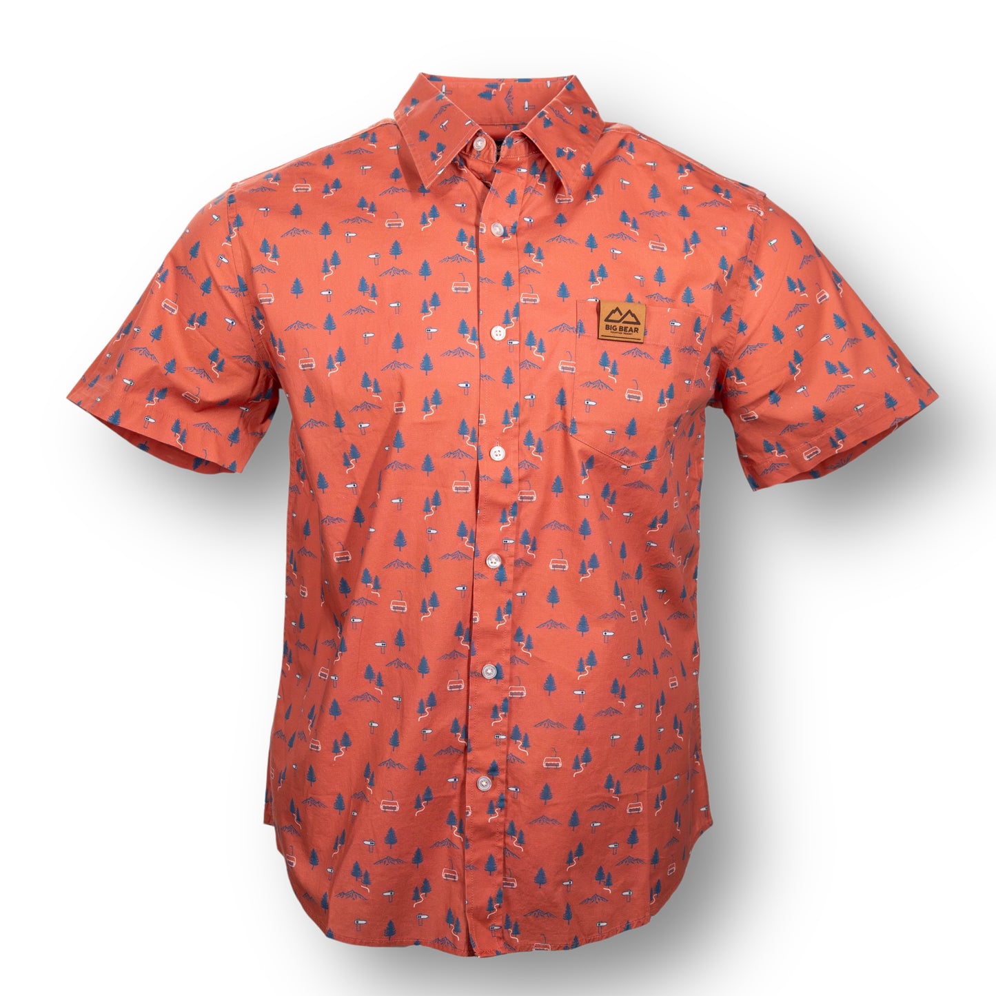 Dark orange red short sleeve button up t-shirt with blue tree pattern and a Big Bear Mountain Resort leather patch on chest.