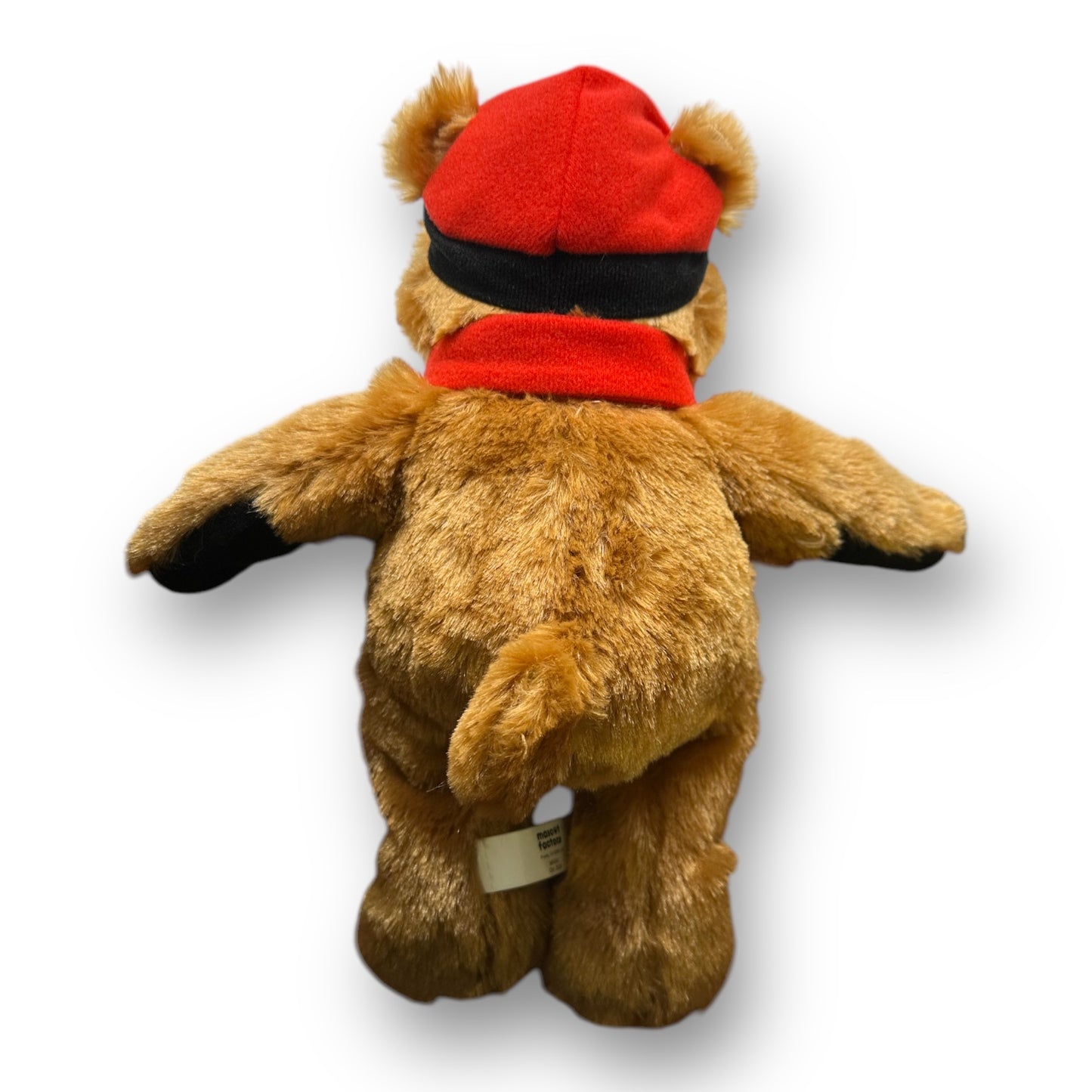 Backside of a plush brown bear toy with a red scarf and red with black brim beanie