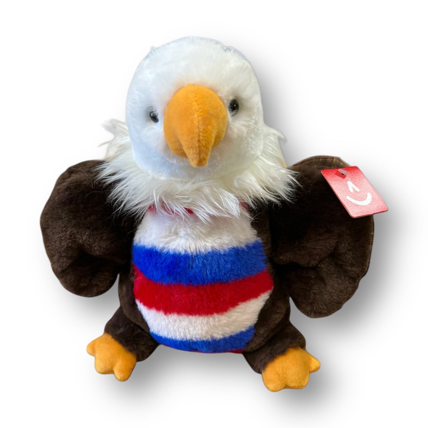 Stuffed eagle animal with red, white, and blue belly.