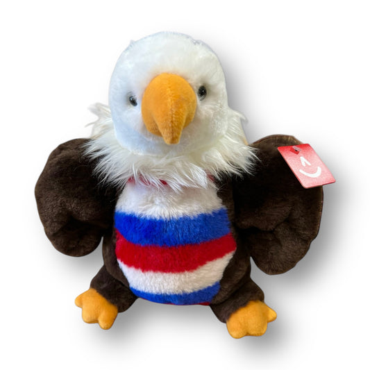Stuffed eagle animal with red, white, and blue belly.