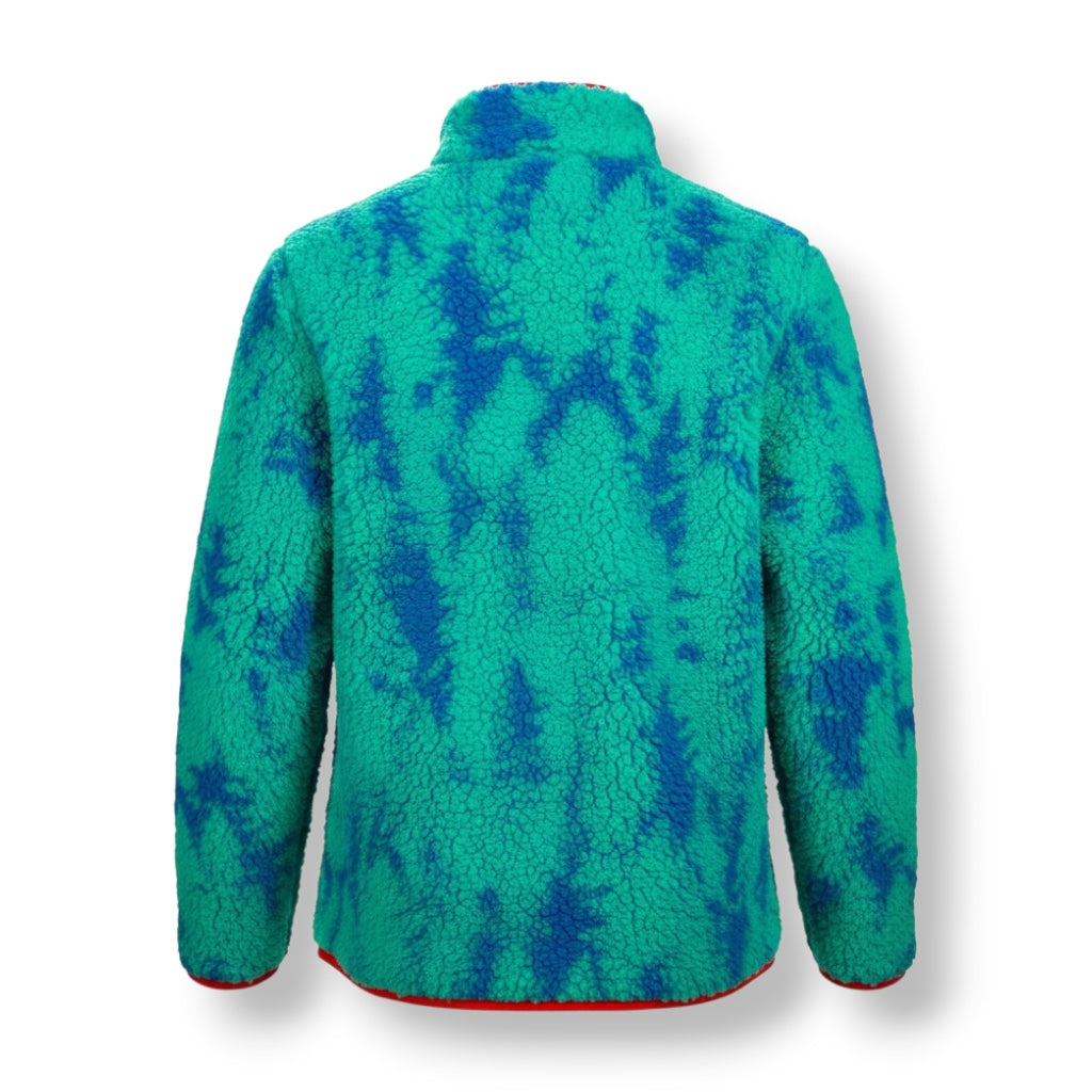 The back of a green and blue tree design soft fleece jacket.