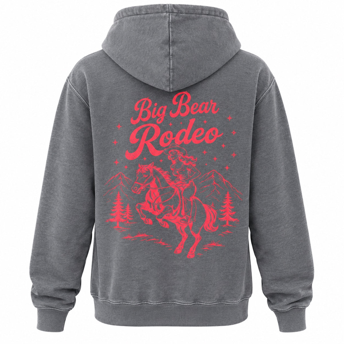 A dark gray hooded sweatshirt shown from the back, featuring a large red graphic print of a cowboy riding a bucking horse with the words 'Big Bear Rodeo' and small mountain and tree silhouettes.