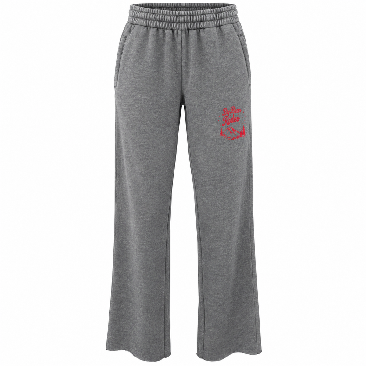 Gray heather wide-leg sweatpants with an elastic waistband and a small red embroidered graphic on the left thigh.