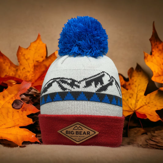 Leather BBMR Patch, Fold of Beanie Red, Mixed with Blue & Grey pattern throughout w/ mountains