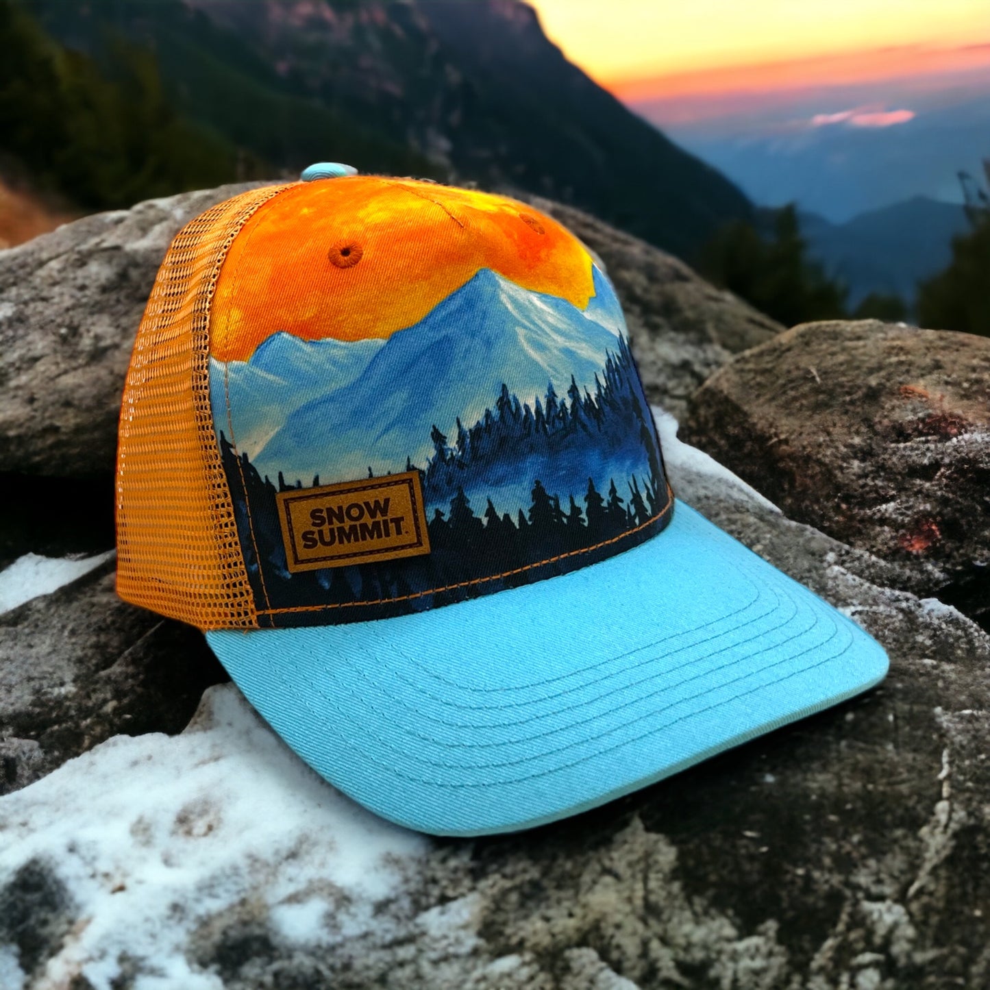Mountain and Tree photo with light blue bill and a leather Snow Summit Patch