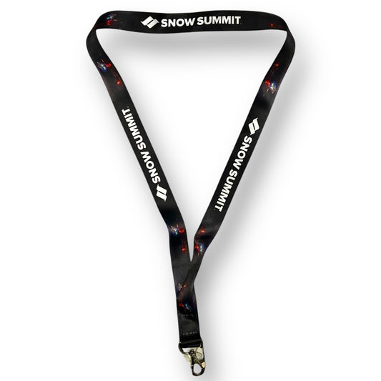 Black lanyard with white Snow Summit lettering and firework design.