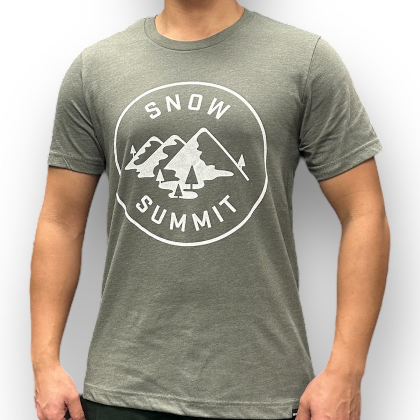 Snow Summit alpine army tee with mountains and tree circular logo