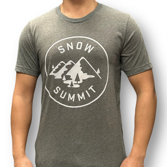 Snow Summit alpine heather grey tee with mountains and tree circular logo
