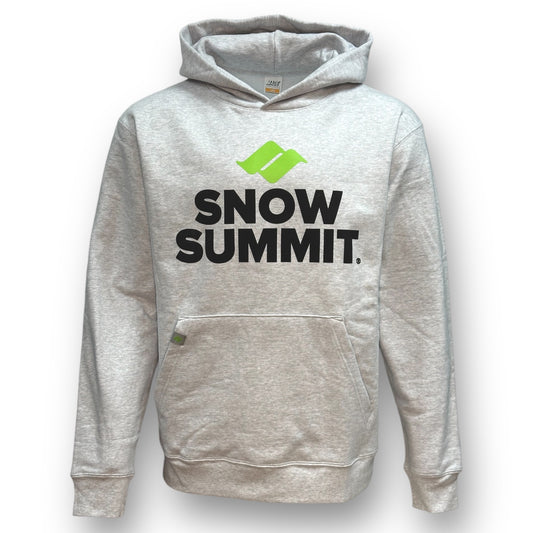 Grey hoodie sweatshirt with green snow summit logo and black Snow Summit font below