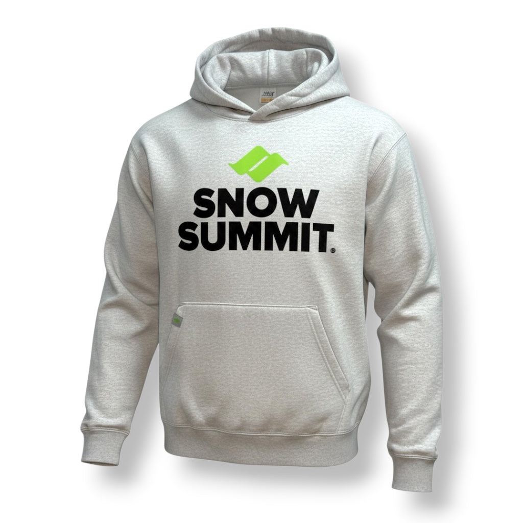 Grey hoodie sweatshirt with green snow summit logo and black Snow Summit font below