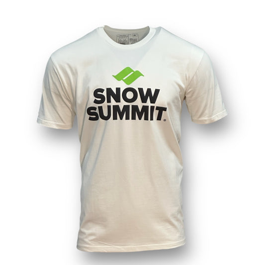 White tshirt with green snow summit logo and black Snow Summit font below