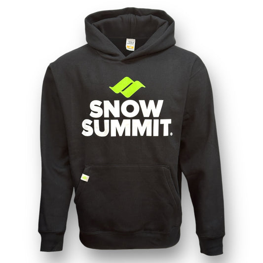 Black hoodie sweatshirt with green snow summit logo and white snow summit font beneath