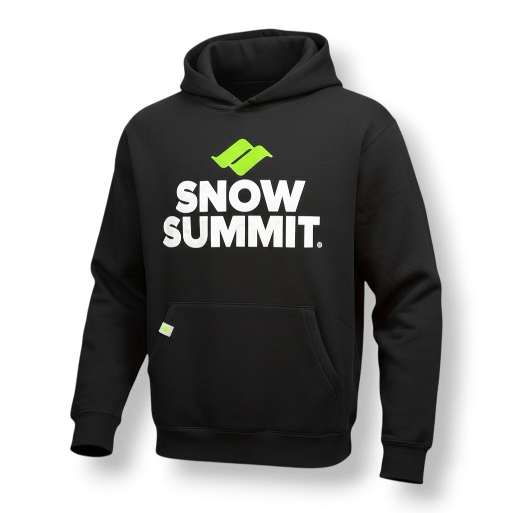 Black hoodie sweatshirt with green snow summit logo and white snow summit font beneath
