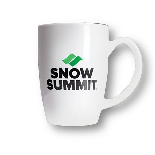 White ceramic mug with Snow Summit logo