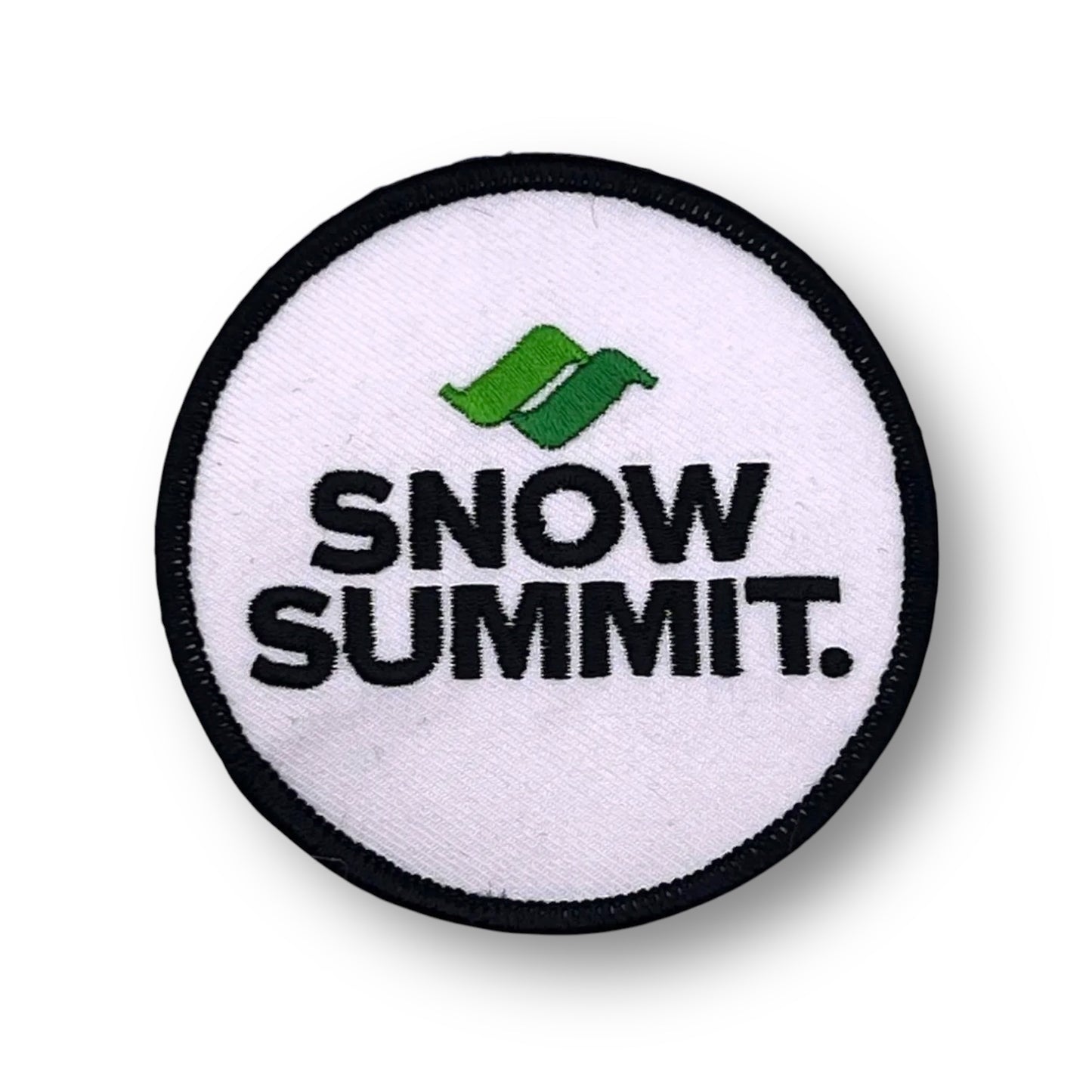 White patch with a snow summit logo stiched on it