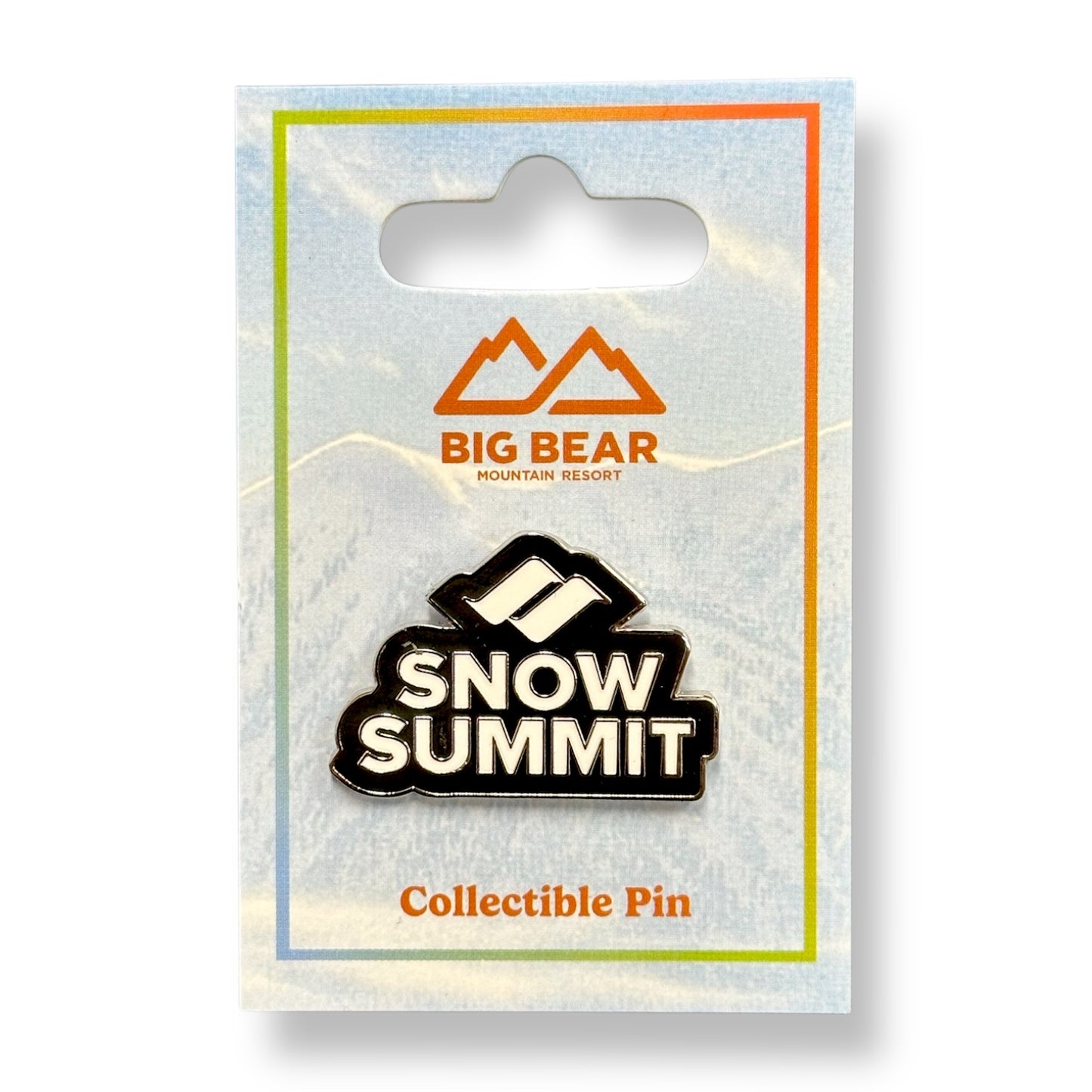 Collectible Snow Summit logo pin in black and white.