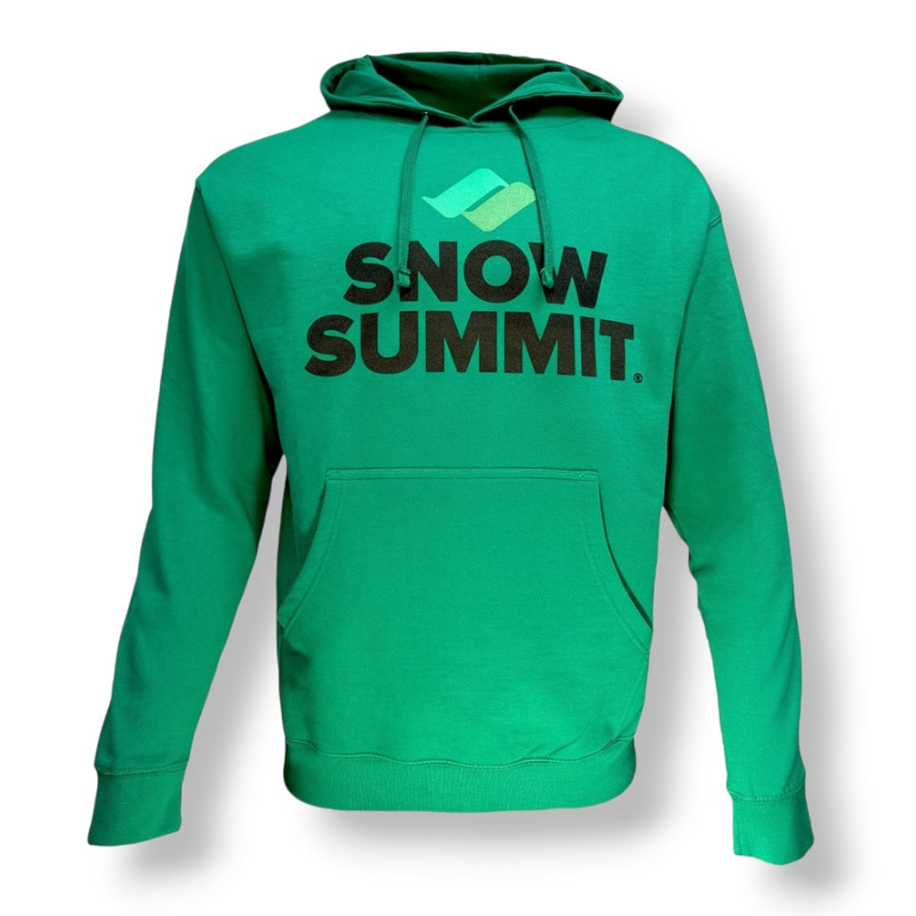 Green Snow Summit hoodie with black snow summit logo on front