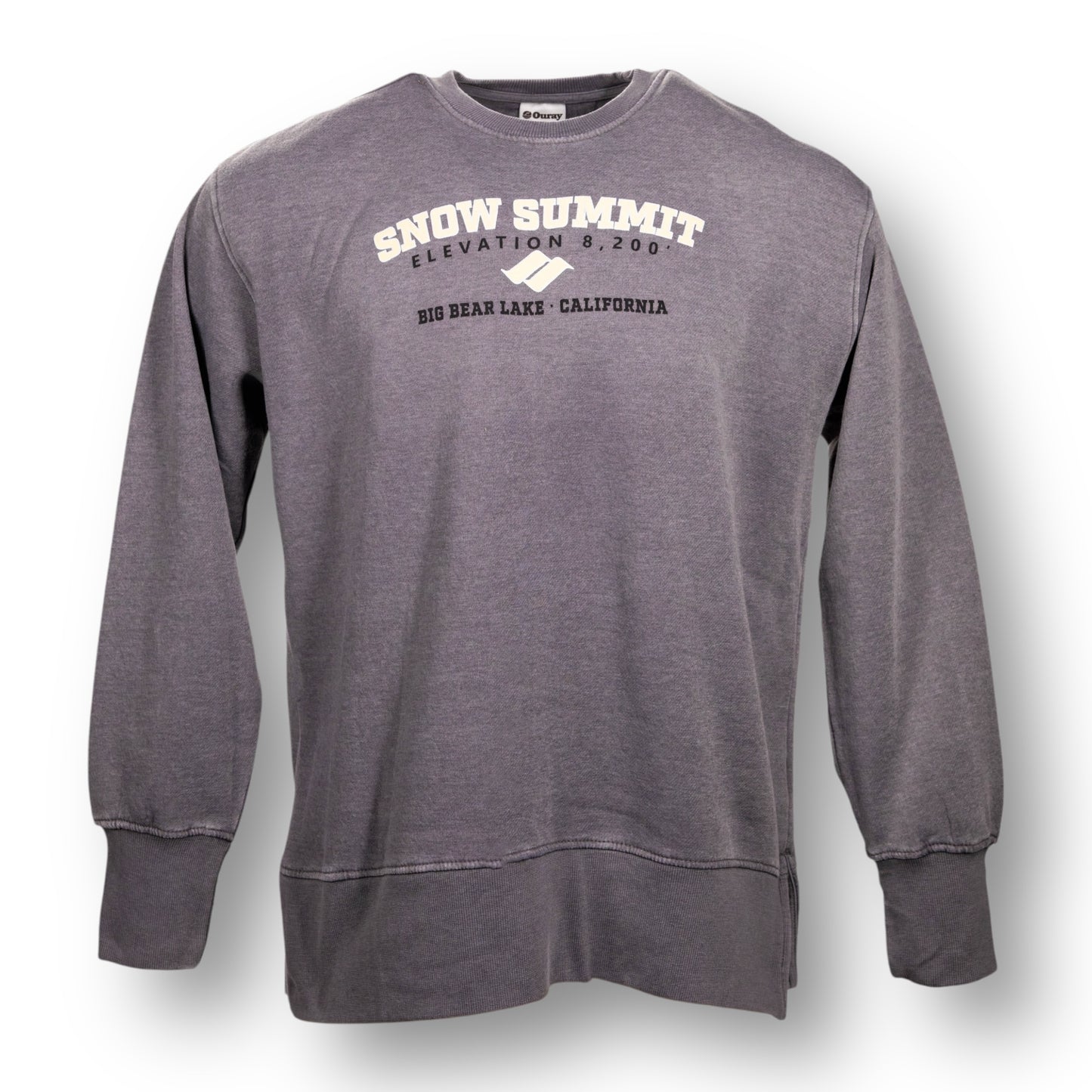 A grey color crewneck sweatshirt with Snow Summit logo, the elevation, and Big Bear Lake, California on the chest.