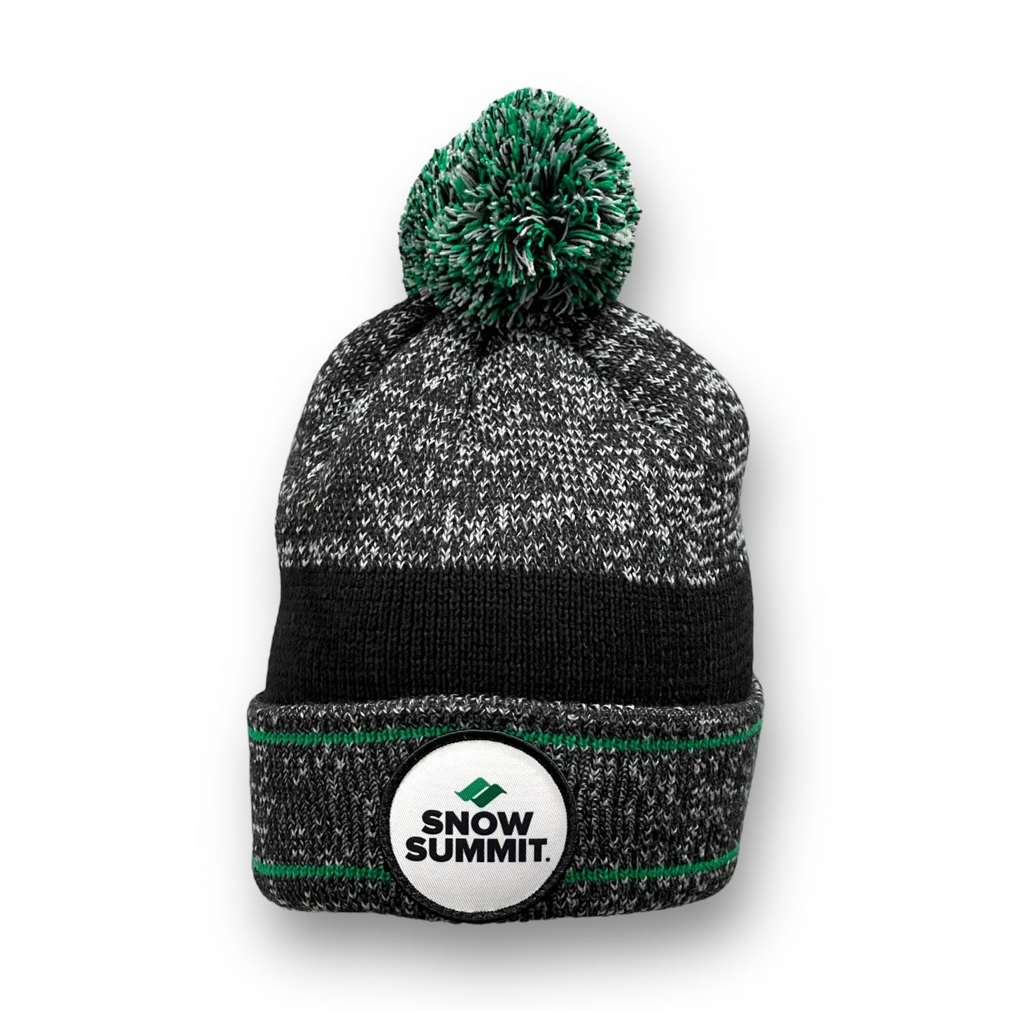 Grey beanie w/ Green accents throughout. Snow Summit Core patch located on front.