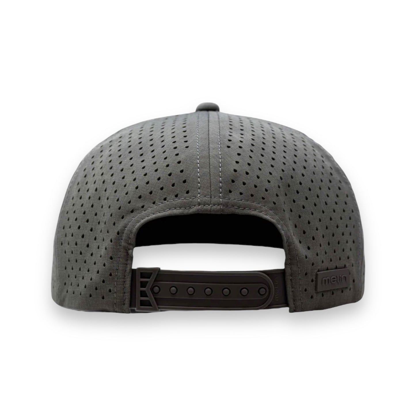Backside of a grey Melin snapback hat