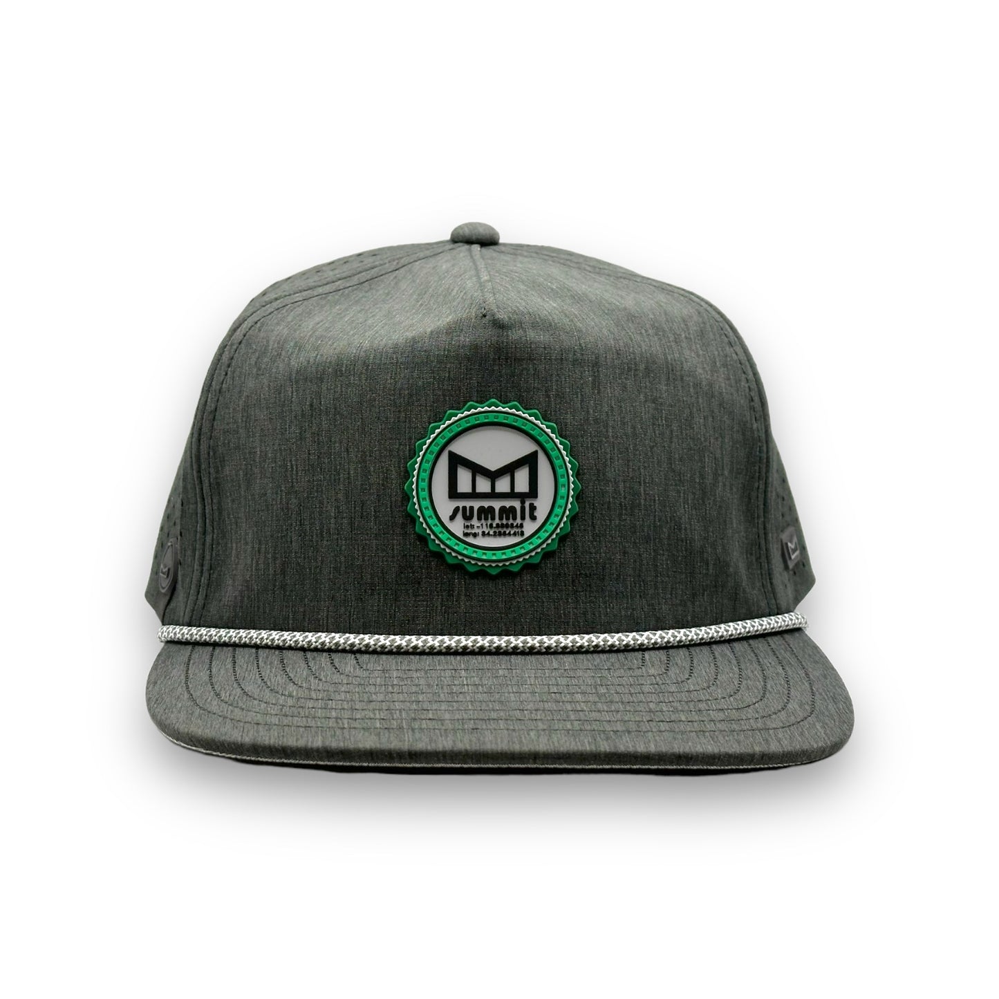 Melin x Snow Summit grey snapback hat with logo and rope on brim
