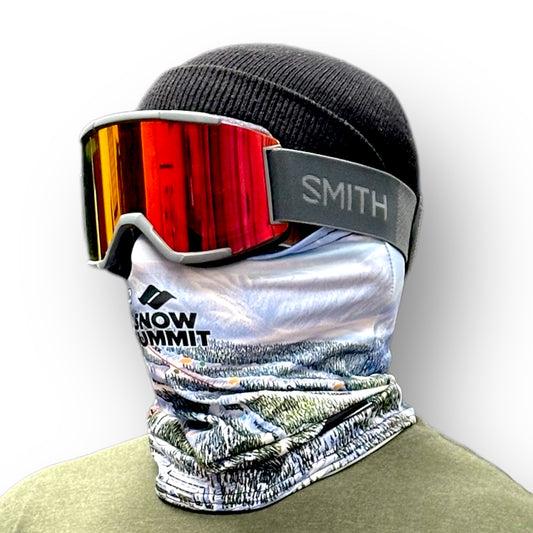 Head shot of rider in a black beanie, Smith goggles, and a Snow Summit trail map neck tube