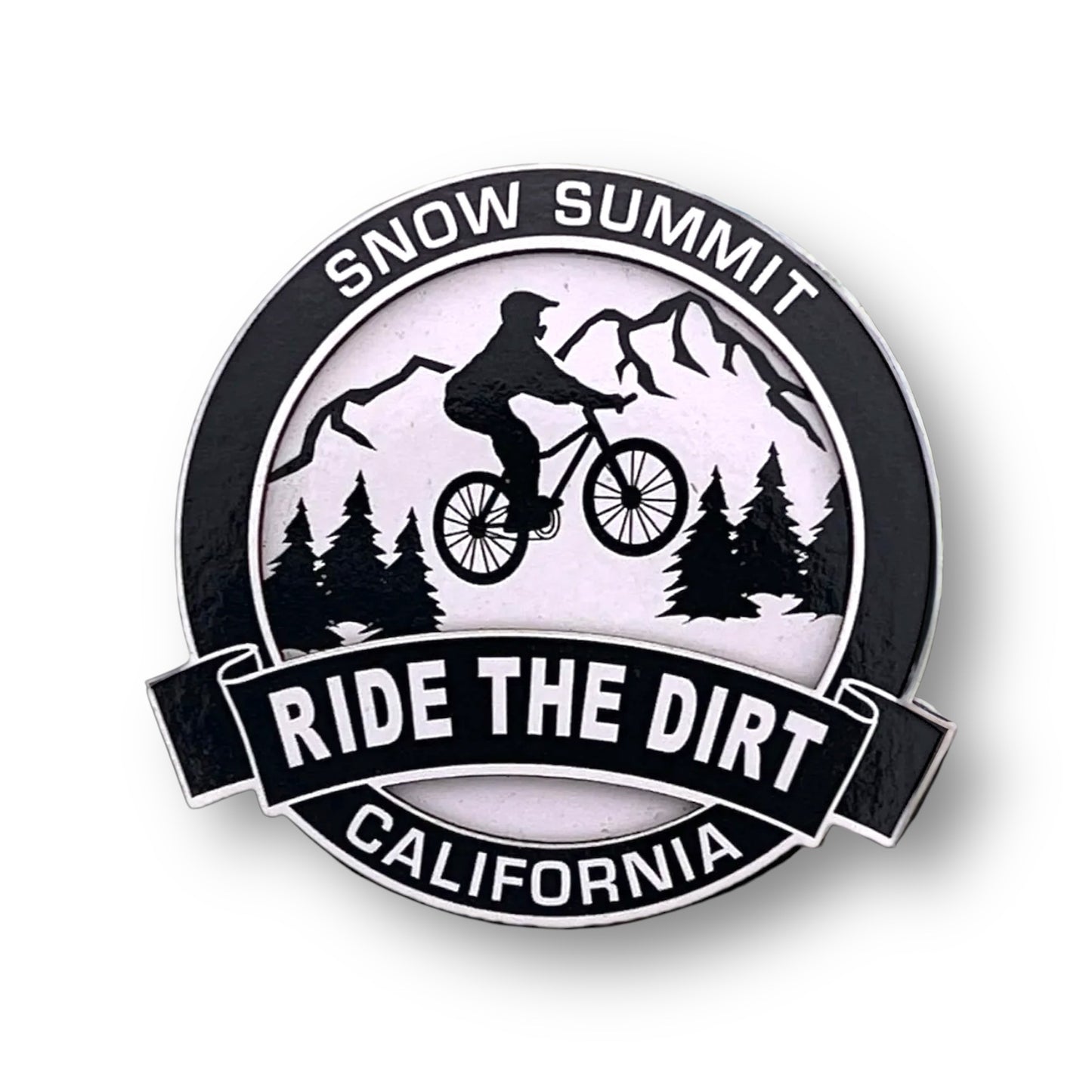 Black and white snow summit ride the dirt california magnet with a mountain biker riding on the forest