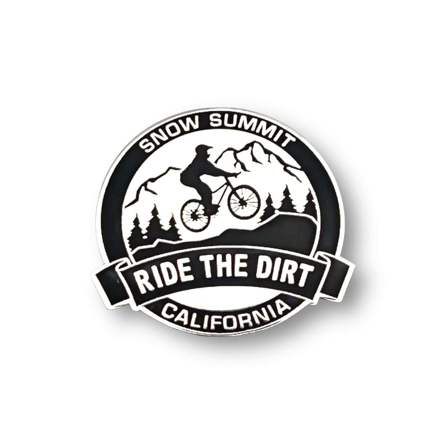 Snow Summit Ride the Dirt Pin black and white with a mountain bikers on it